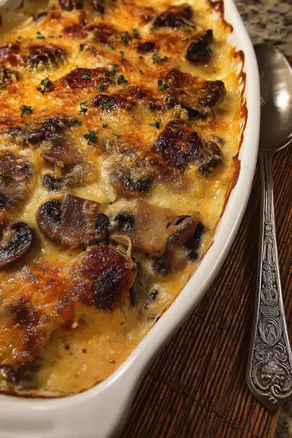 Plated bacon portobello mushroom gratin with side salad