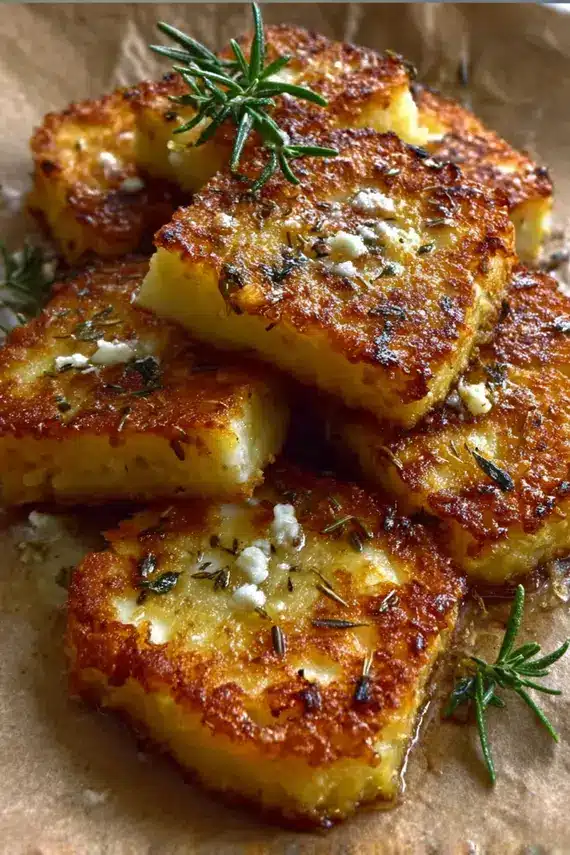 Baked halloumi potato squares served on a platter as an appetizer