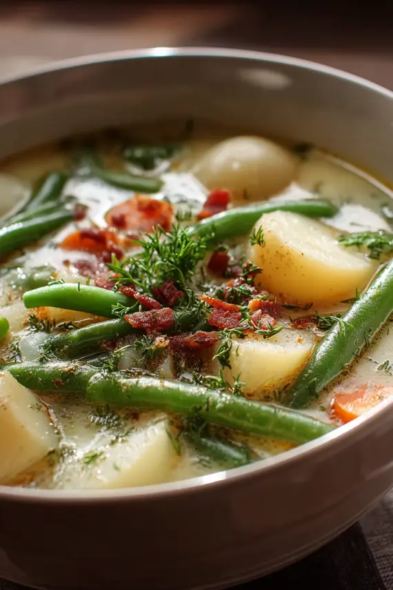 Green bean potato soup served in bowls with bread