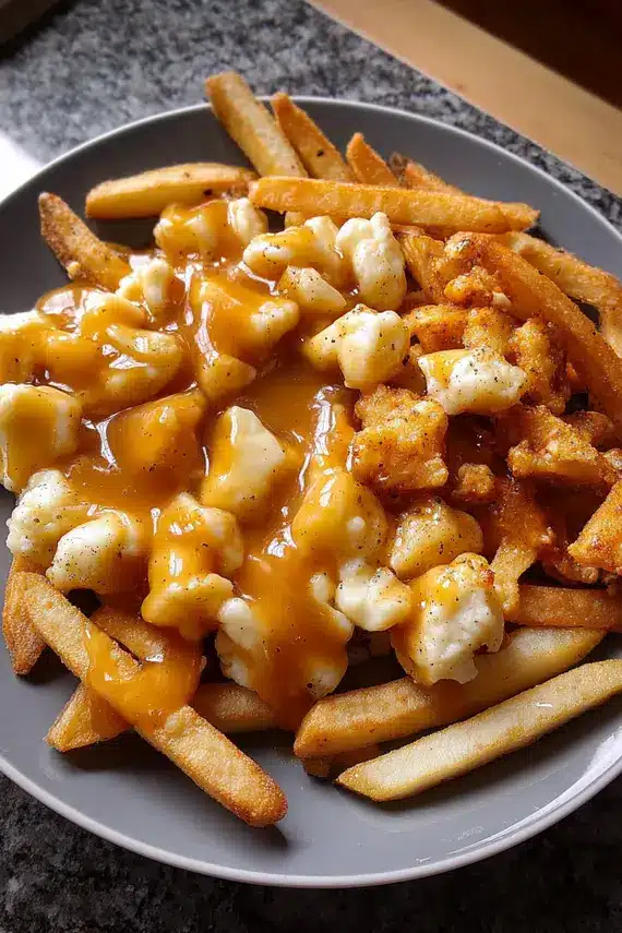 Delicious homemade cheese curds fries gravy poutine with melty cheese and rich gravy