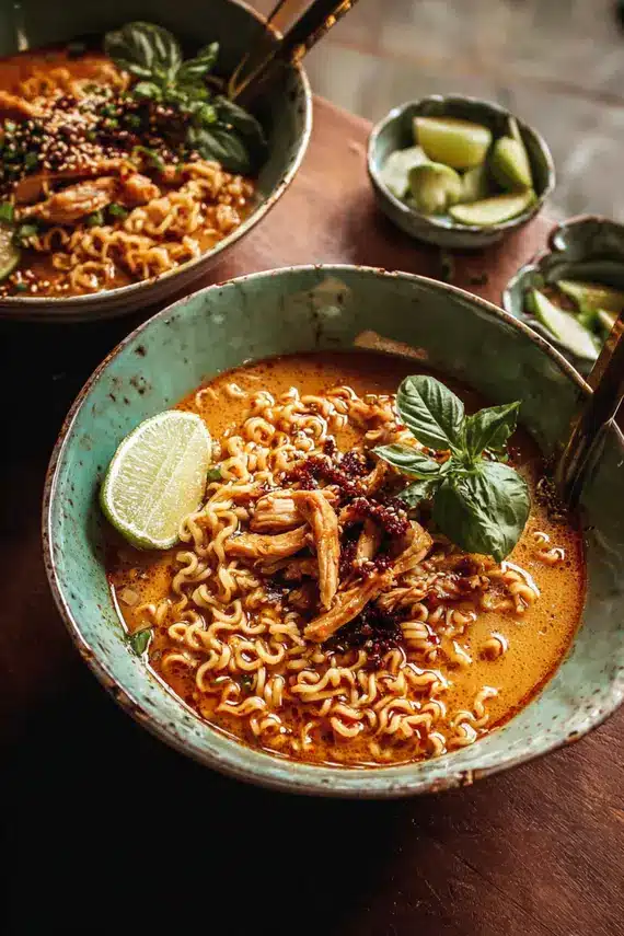 Steaming bowl of thai peanut chicken ramen soup garnished with herbs