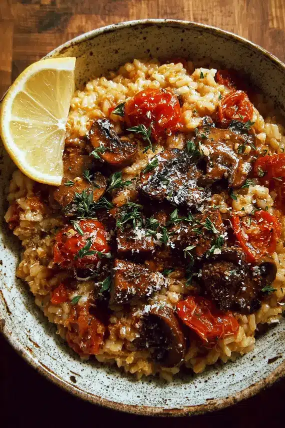 Creamy lemon tomato risotto with mushrooms in a white bowl