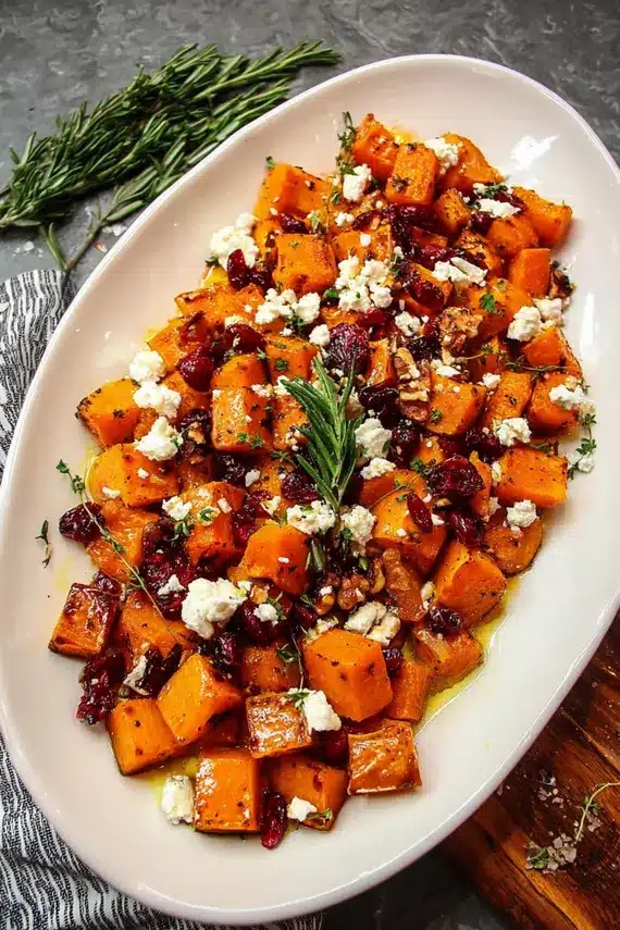 Perfectly roasted butternut squash with feta and cranberries on a baking sheet