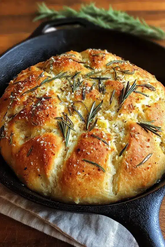 Garlic rosemary skillet bread served with olive oil and herbs on a wooden board