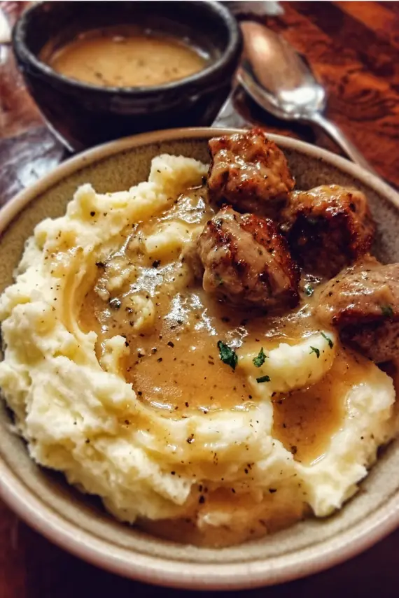Thick and savory sausage gravy being poured over creamy garlic mashed potatoes