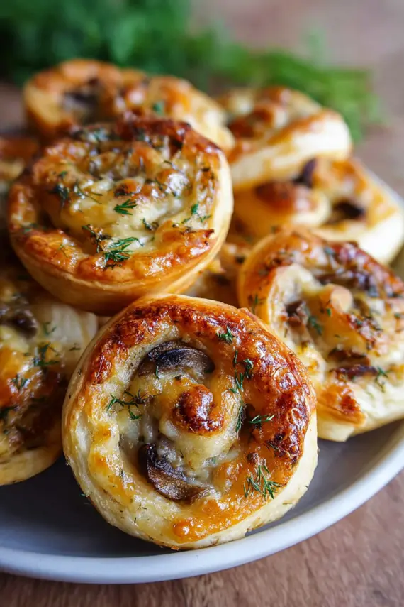 Mushroom cheese pinwheels arranged on a serving platter with garnishes