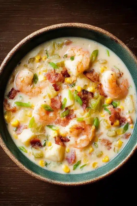 Delicious shrimp corn chowder with tender seafood and vegetables