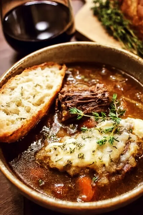 Short rib broth with caramelized onions being ladled into a bowl