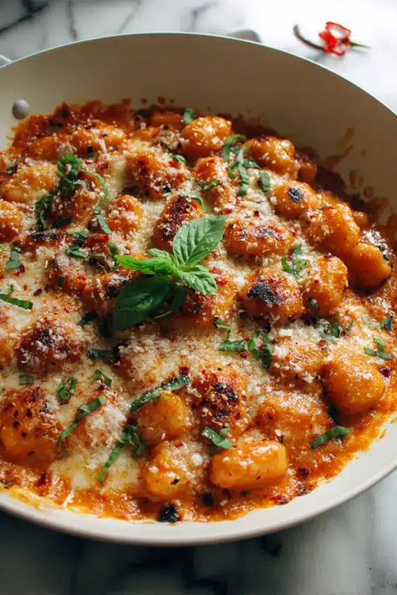 Three cheese gnocchi with spicy sauce garnished with fresh herbs