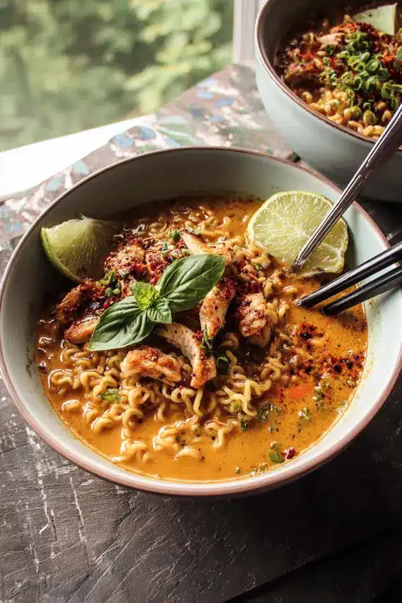 Creamy thai peanut sauce being added to ramen noodle soup