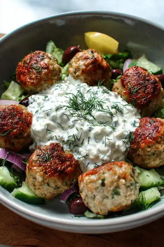 Creamy tzatziki sauce being poured over Greek chicken meatballs