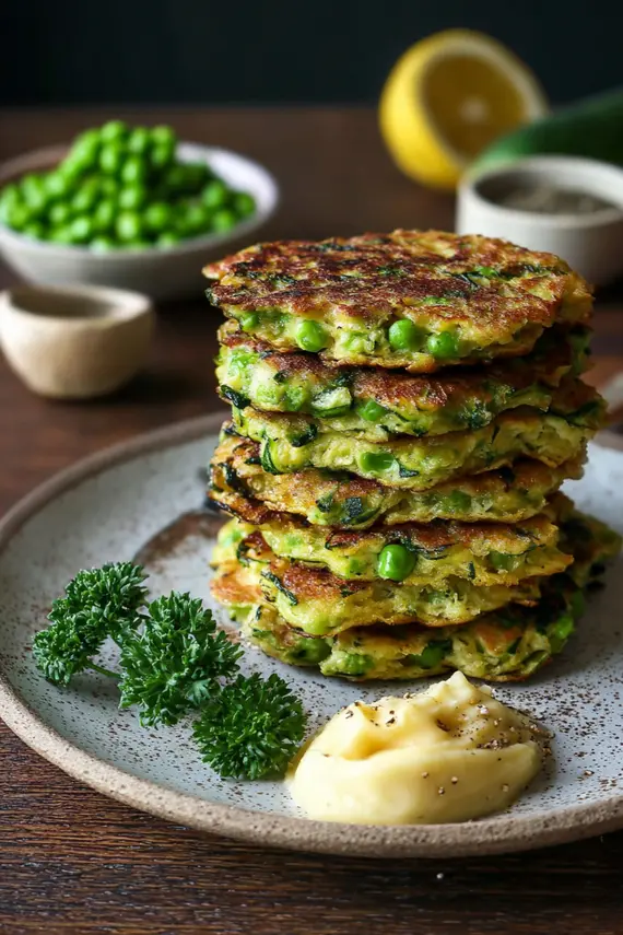 Golden brown zucchini pea fritters being cooked in a skillet